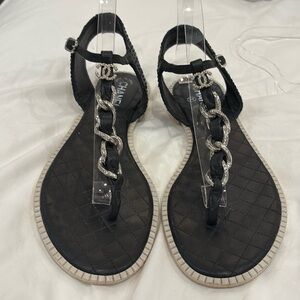 Chanel Black Thongs with Silver chain details